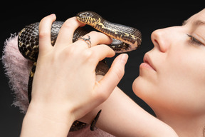 Serpiente negra a rayas que se curva alrededor de la mano de la mujer