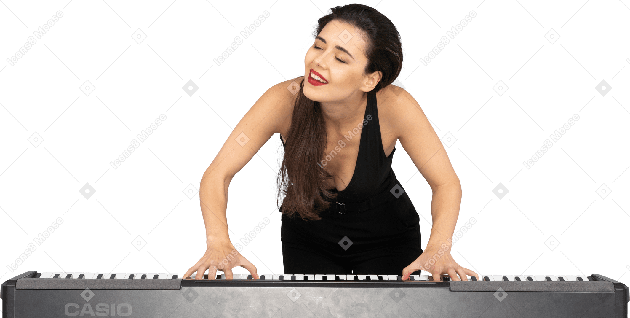 Front view of a smiling young lady in black dress leaning on the piano