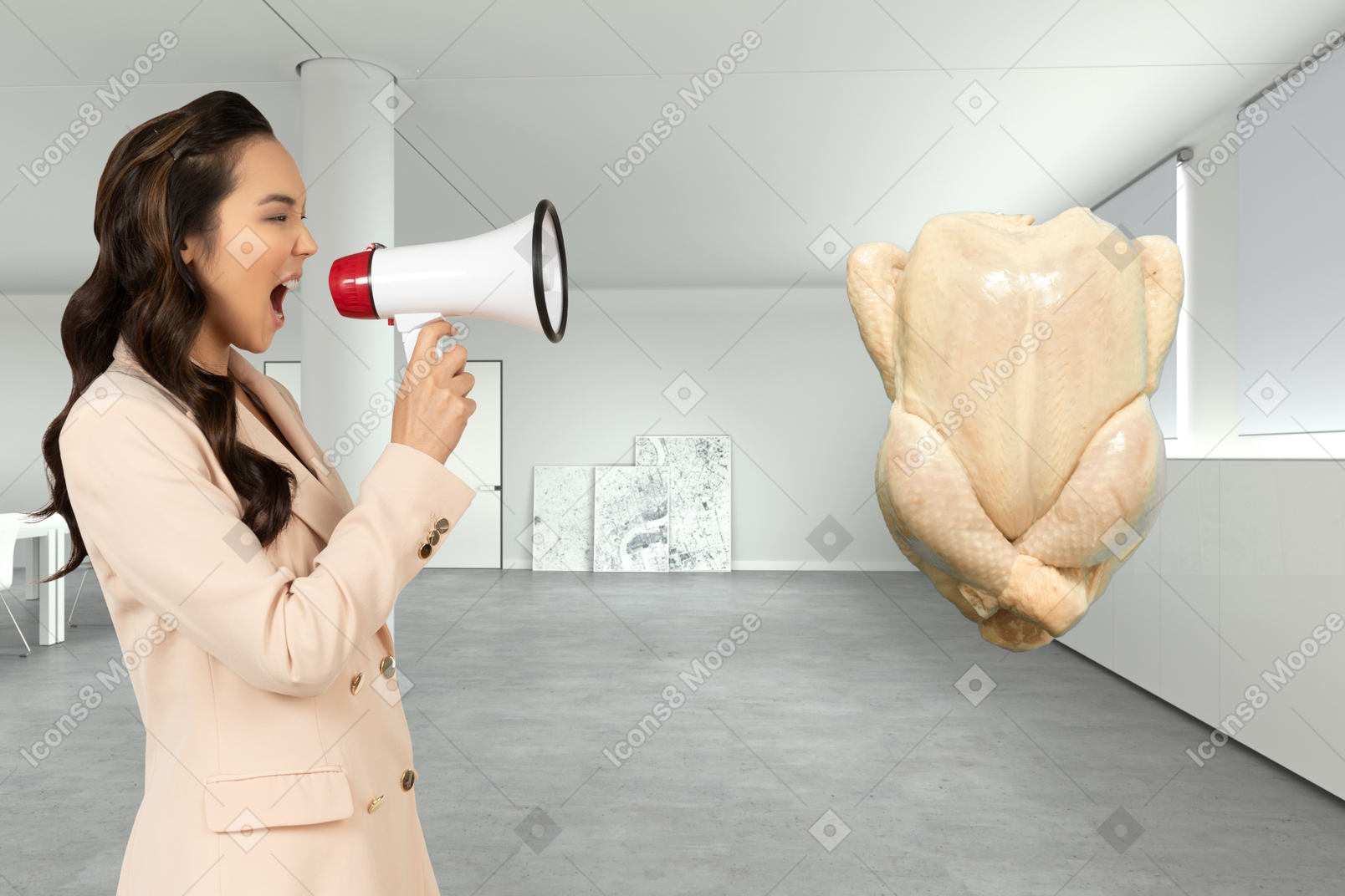 Woman shouting into a megaphone at a chicken