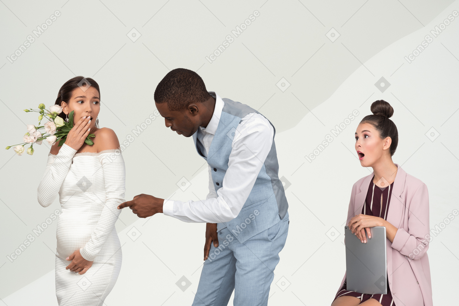 The groom shocked shows his finger on the pregnant belly of the bride and the girl near opened her mouth of surprise
