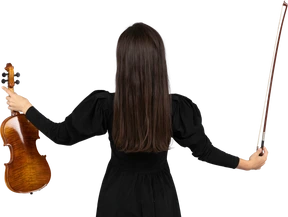 Back view of a female violin player in black dress  outspreading hands