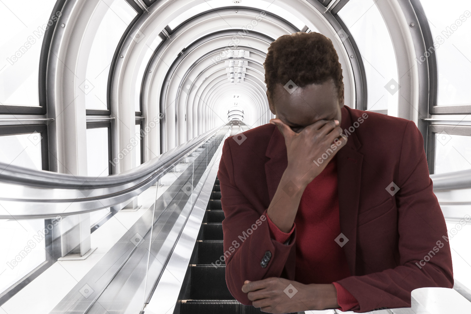 Frustrated man in a red jacket in a tunnel