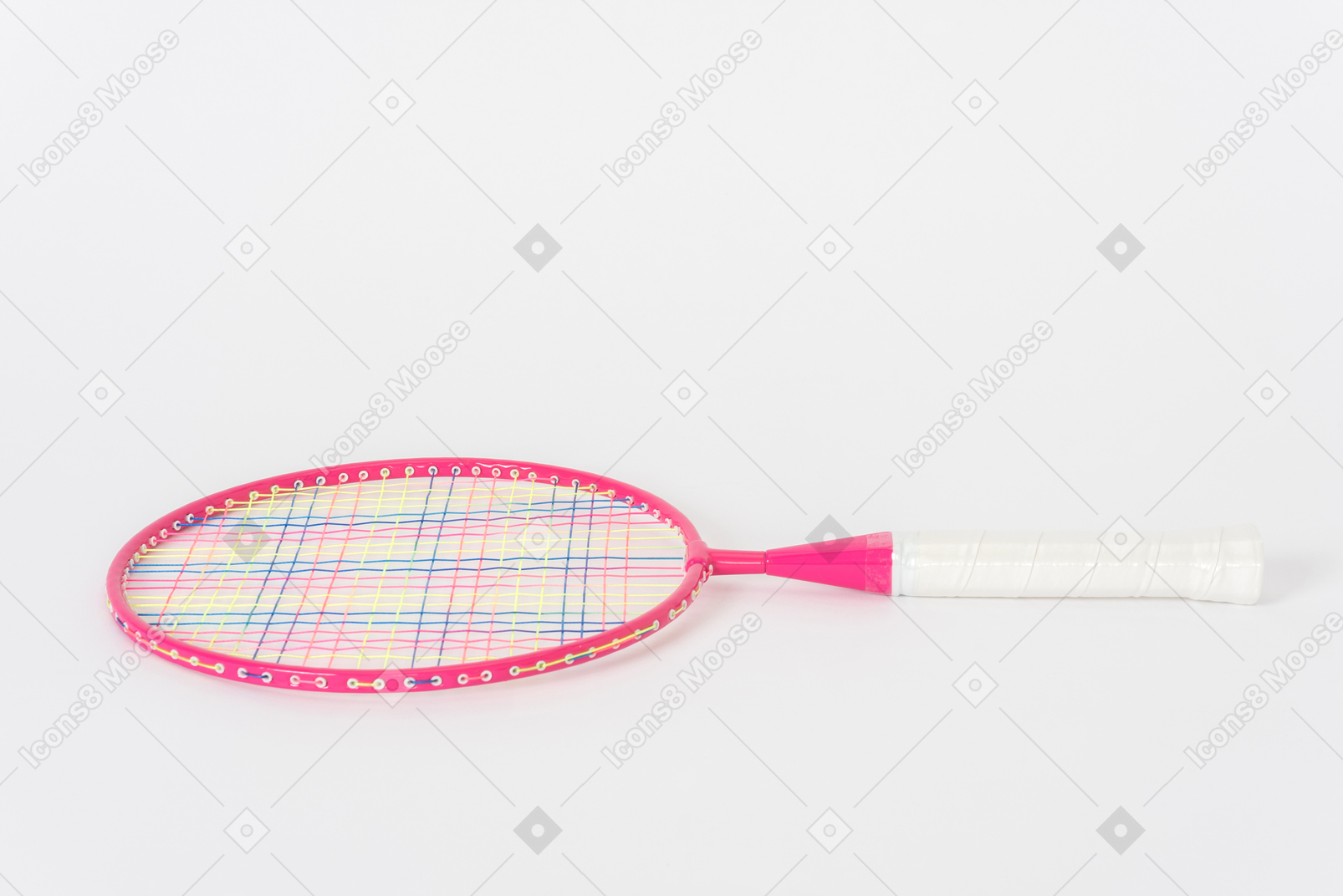 Pink tennis racket on a white background