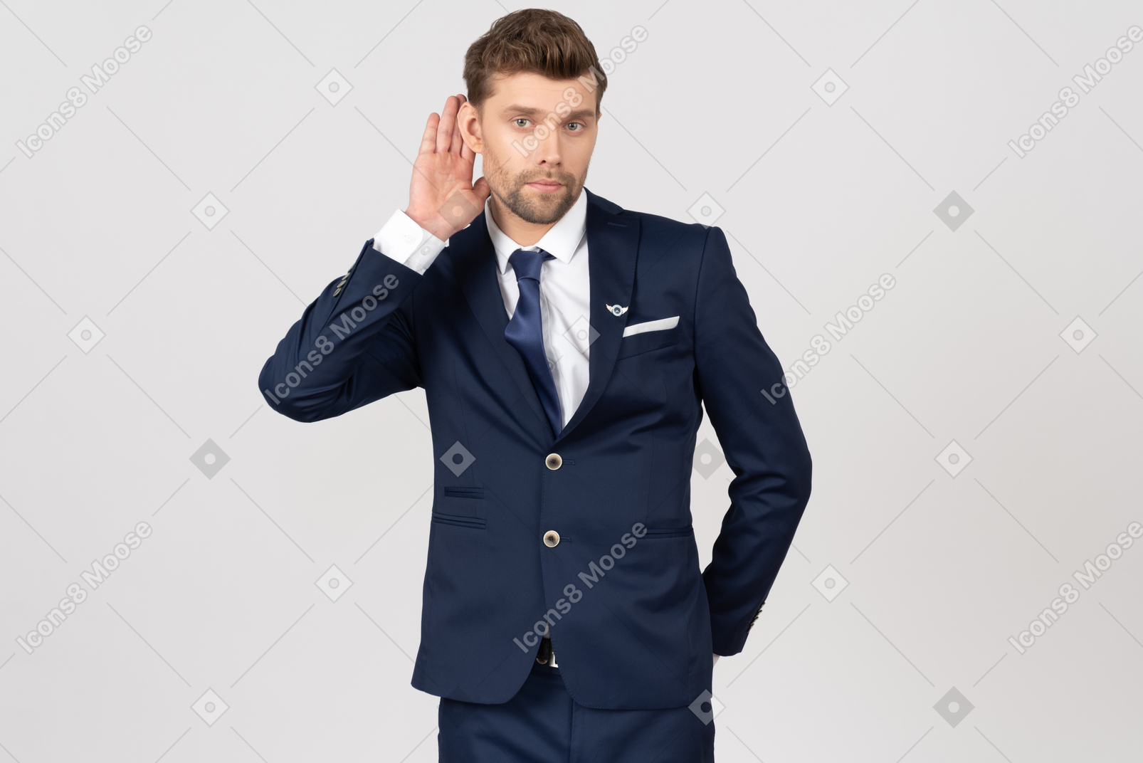 Male flight attendant showing the "i can't hear you" gesture