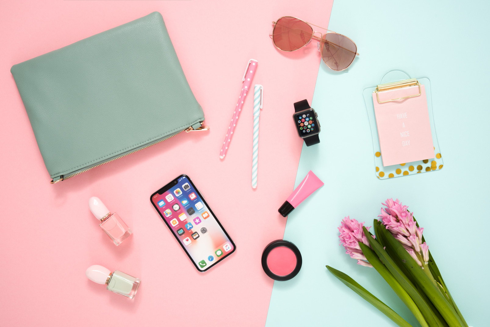 In her handbag: from cosmetics to smartwatch