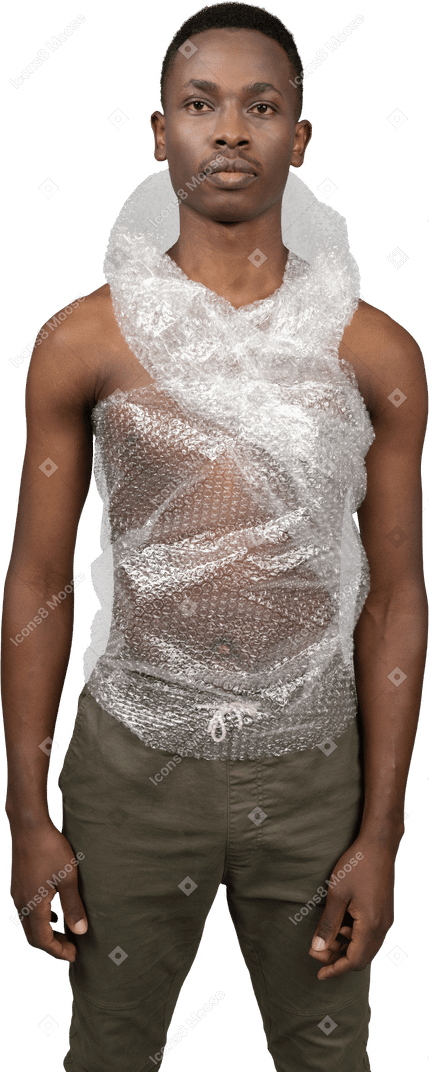 Serious african man wrapped in plastic