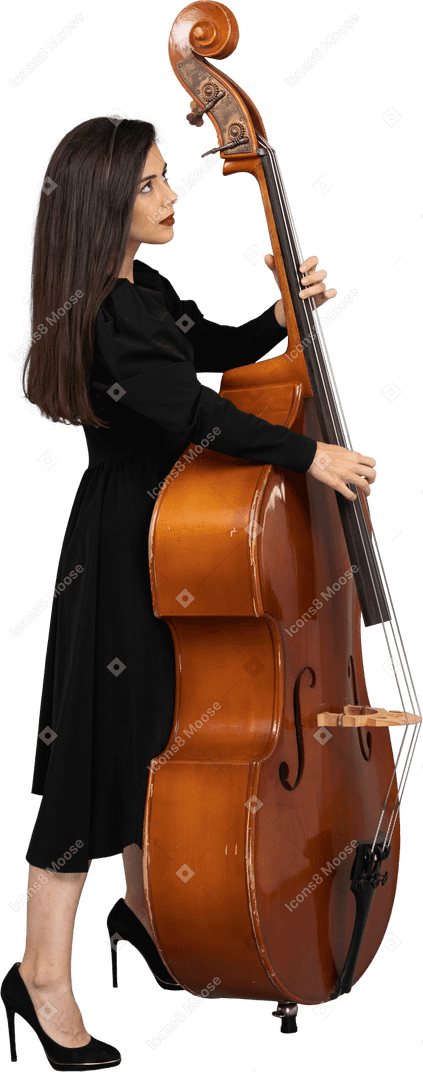 严重的年轻女音乐家，穿着黑色的连衣裙，打她的双低音的侧视图