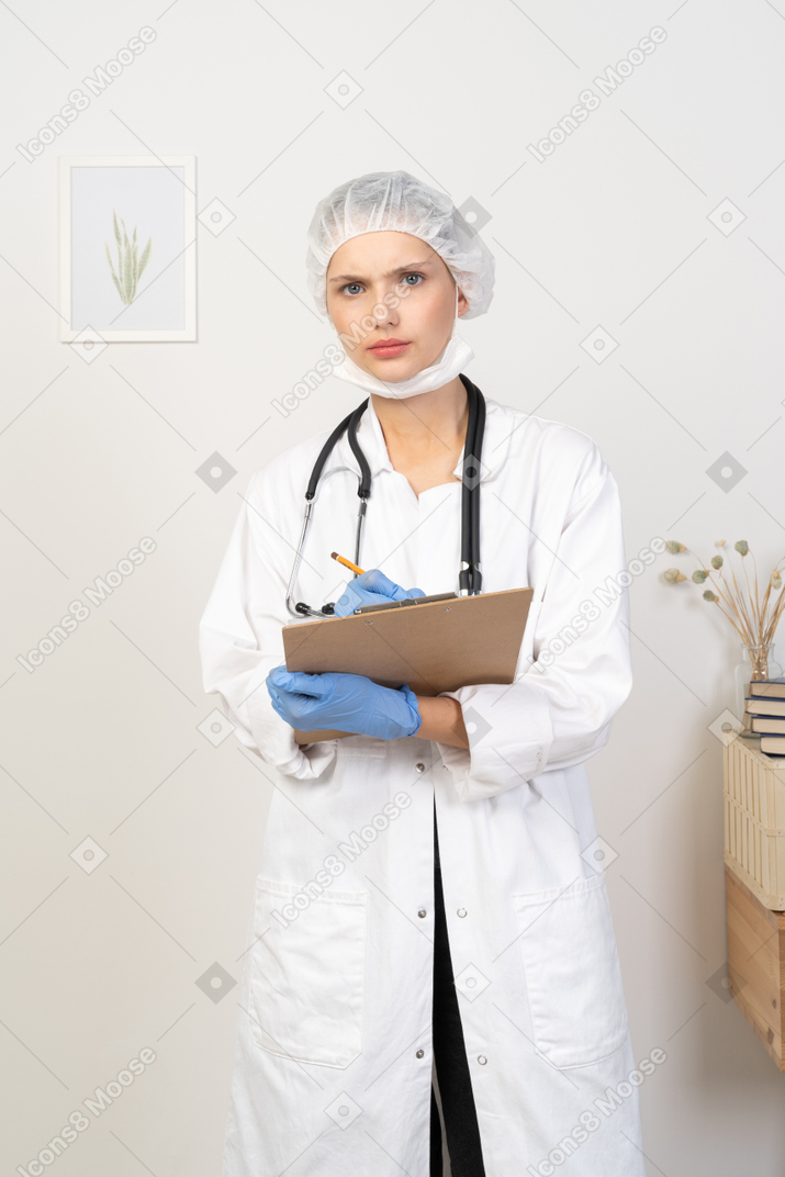 一位困惑的年轻女医生在平板电脑上做笔记的前视图