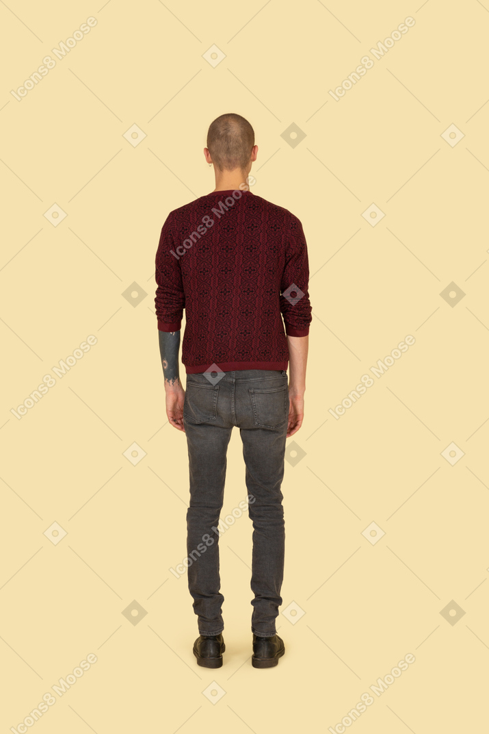 Вид сзади молодого человека в красном пуловере, стоящего на месте