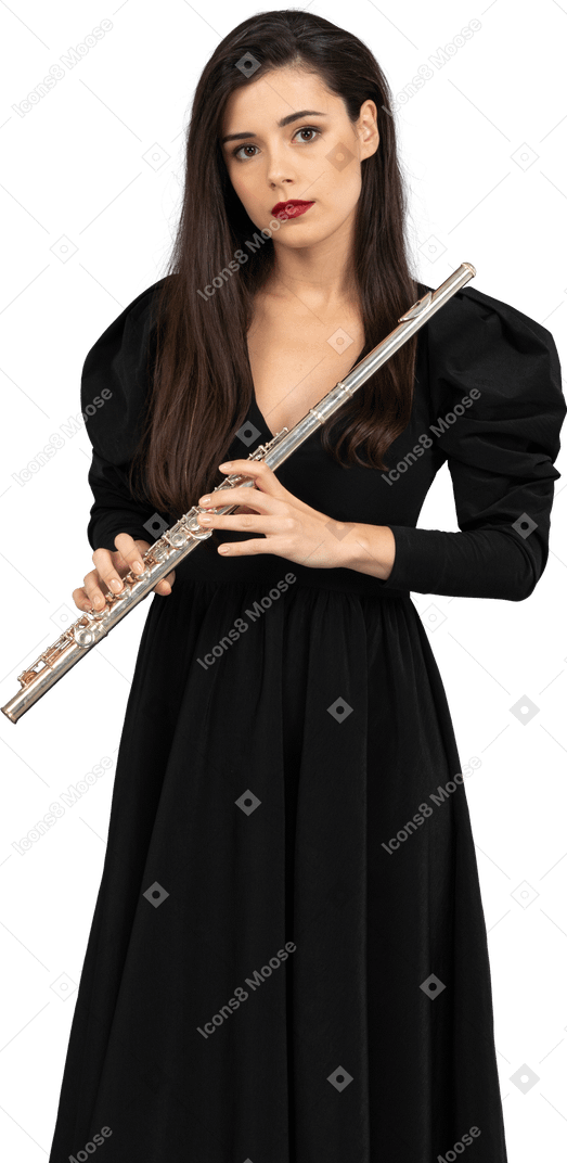 Front view of a young lady in black dress holding flute