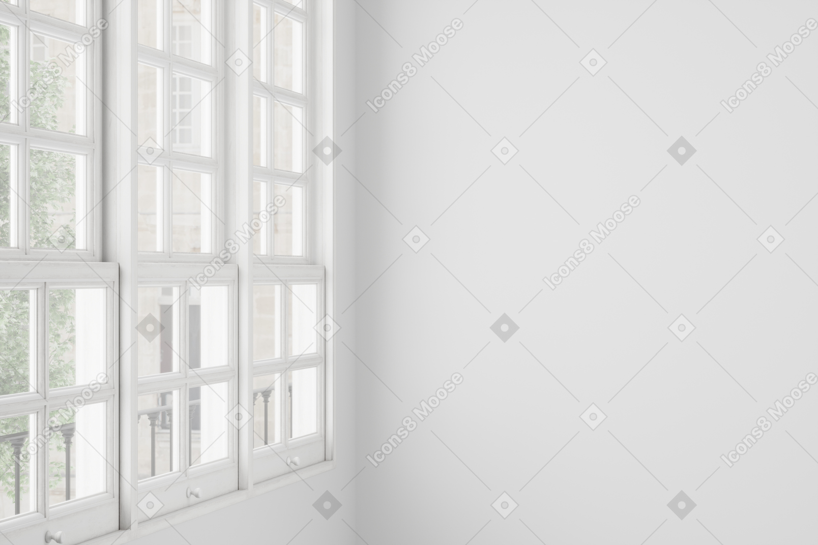 Grande fenêtre avec cadres en bois blanc