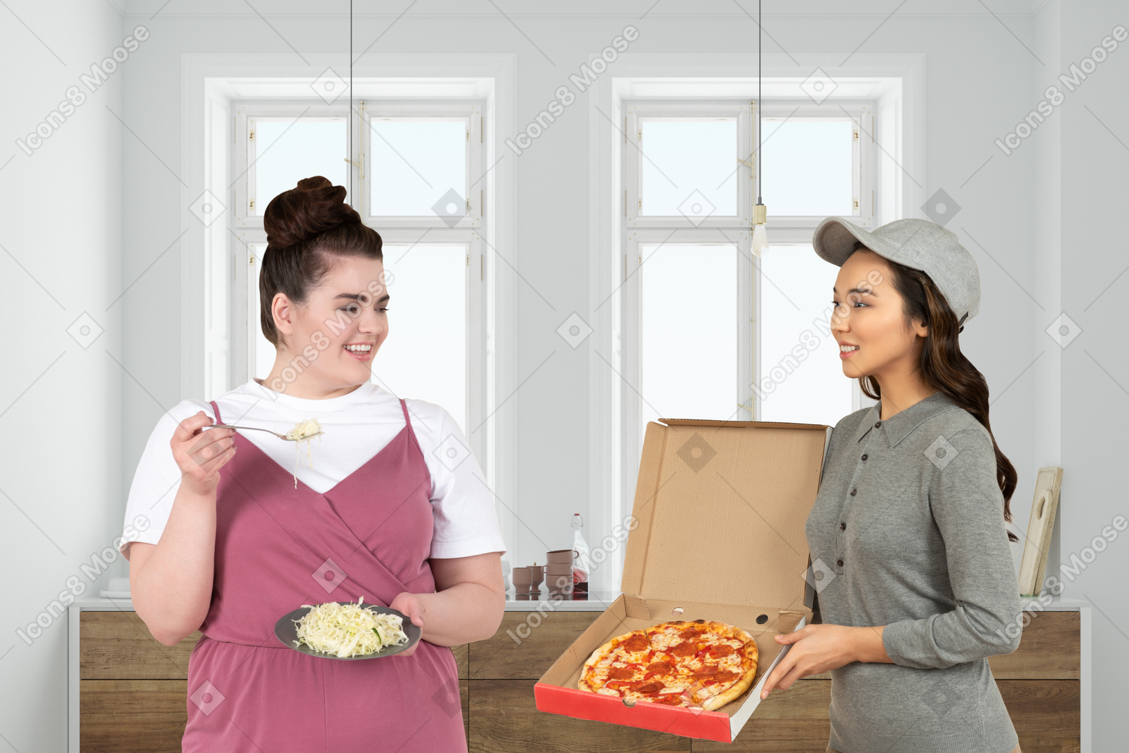 一个加上大小的女人，带着一盘沙拉，迎接送给她一盒披萨的送货女孩