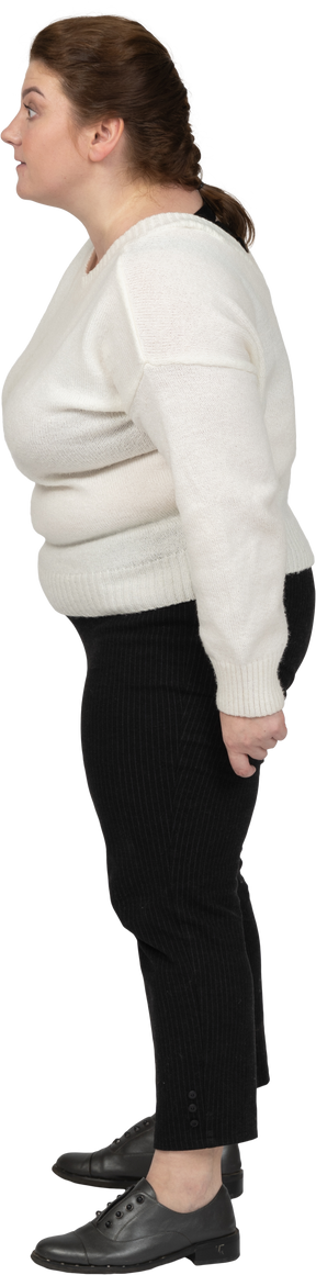 Side view of a plus size woman in casual clothes