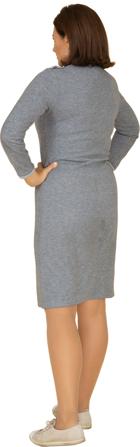 腰に手を置いて立っている灰色のドレスを着た女性の背面図