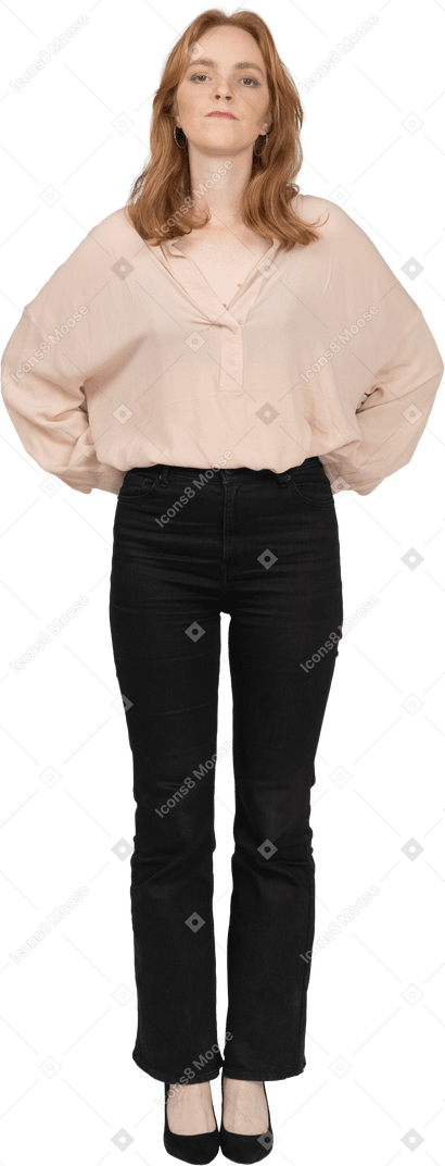 Woman in beautiful blouse standing