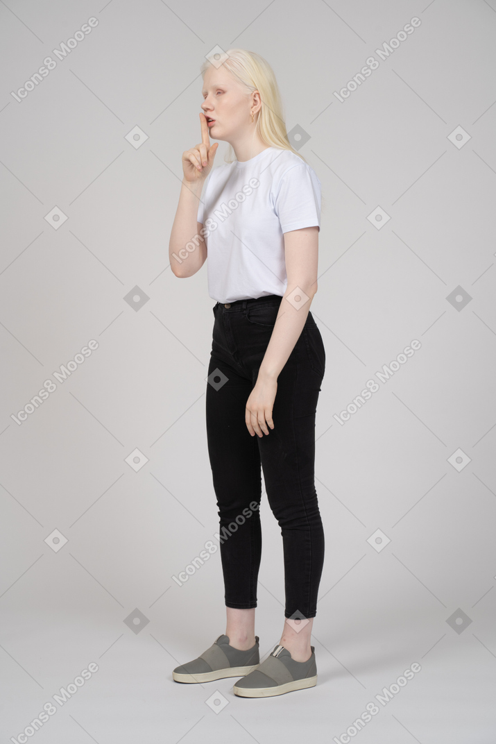 Vista di tre quarti di una giovane ragazza in piedi con il dito indice sulle labbra