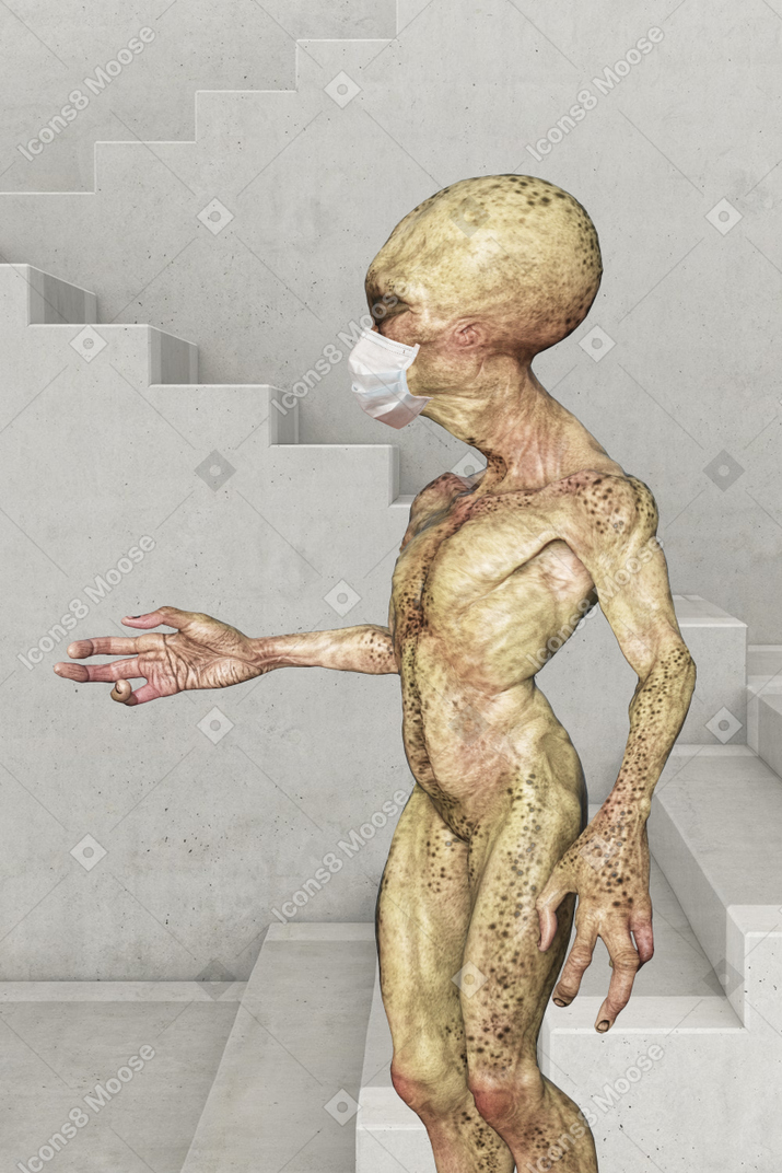 Alien in medical mask greeting someone