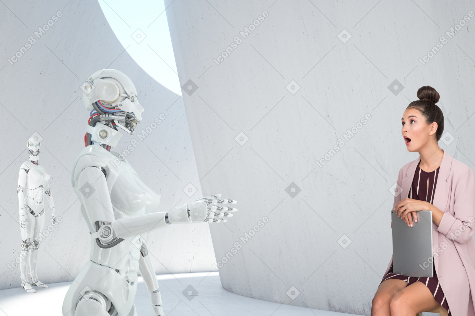 A shocked woman sitting next to a robot