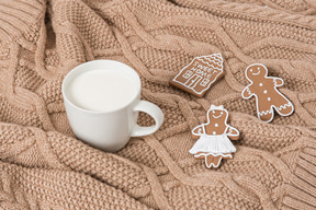 A cup of milk and some cookies on a blanket
