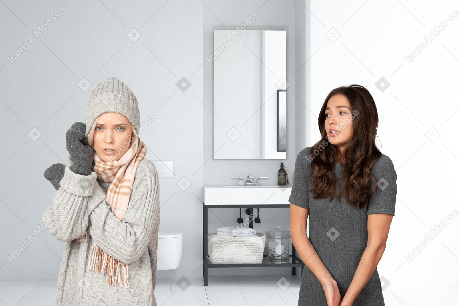 Women feeling cold in the bathroom