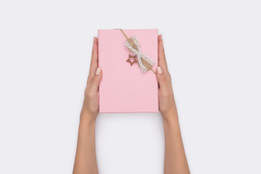 Female hands holding pink gift box