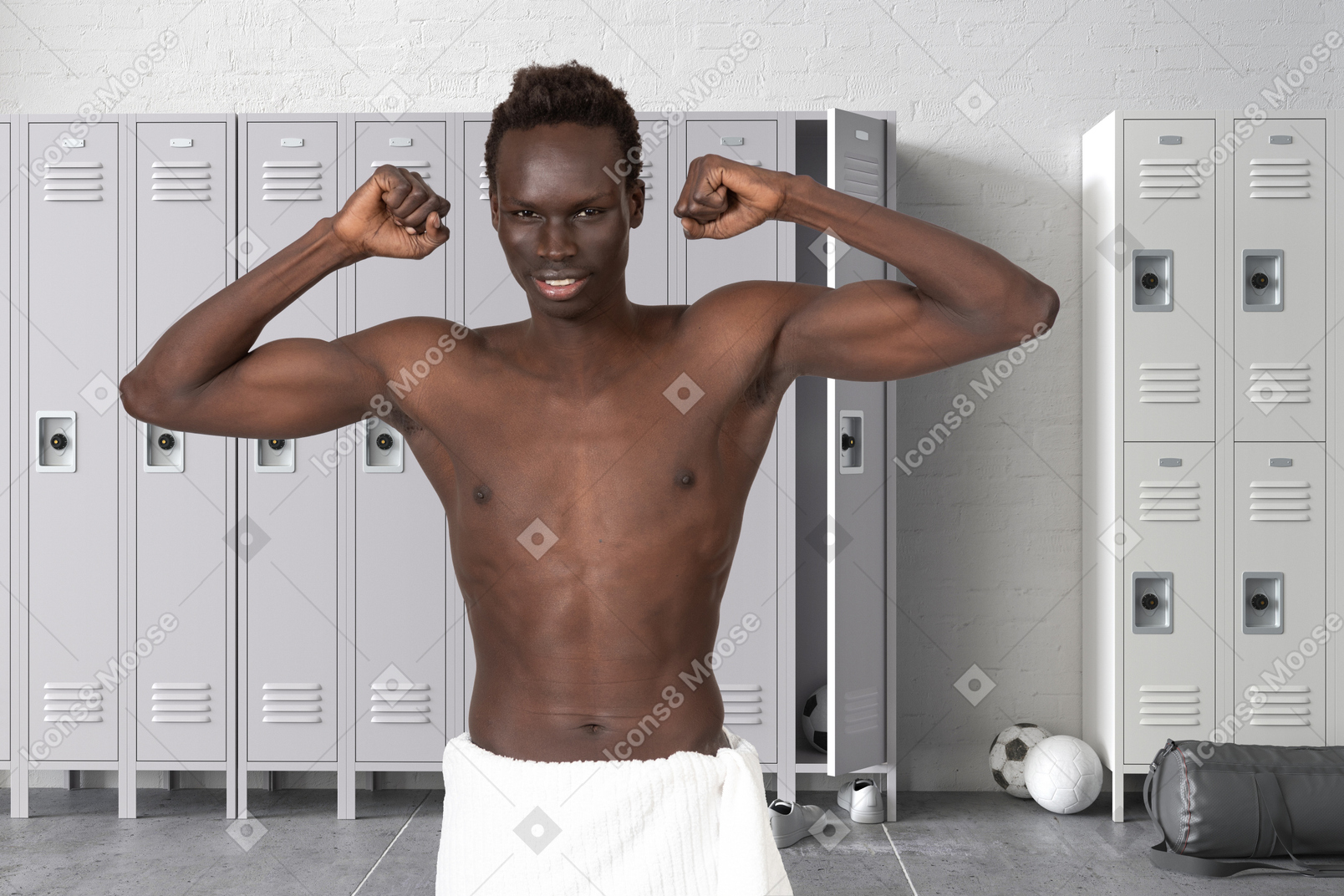 Handsome black man showing his muscles in a gym locker room