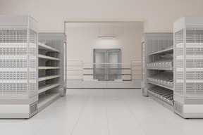 Store interior with empty supermarket shelves