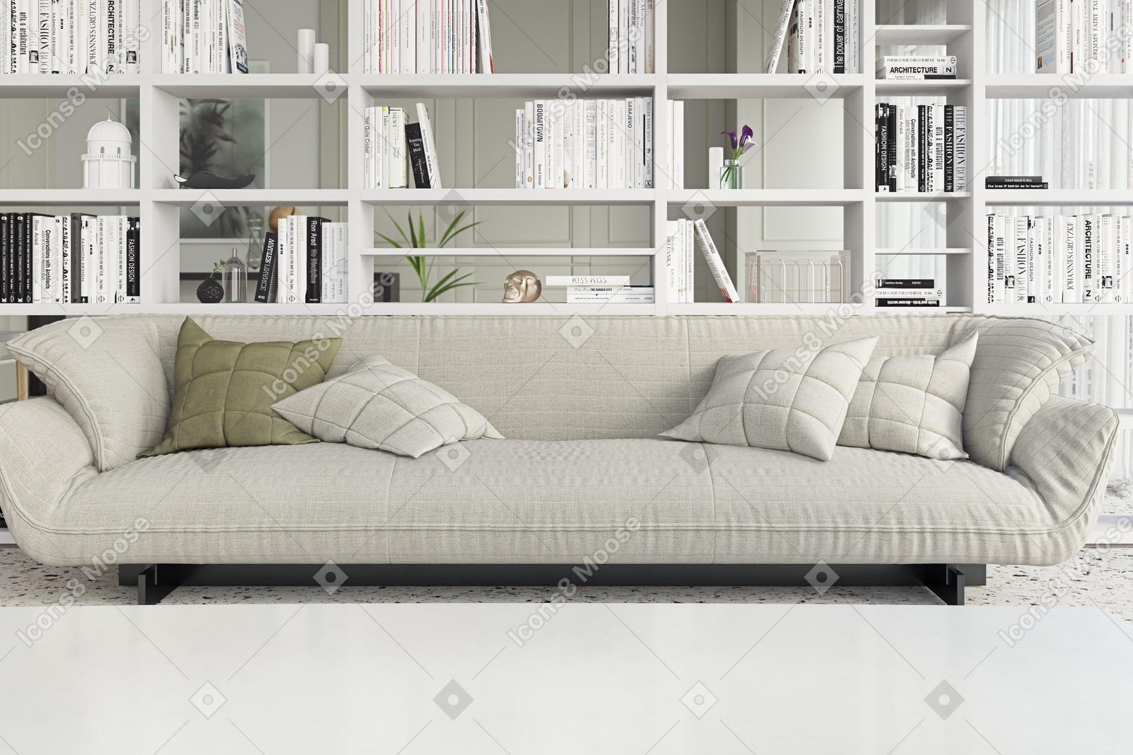 Acogedor sofá cerca de estanterías