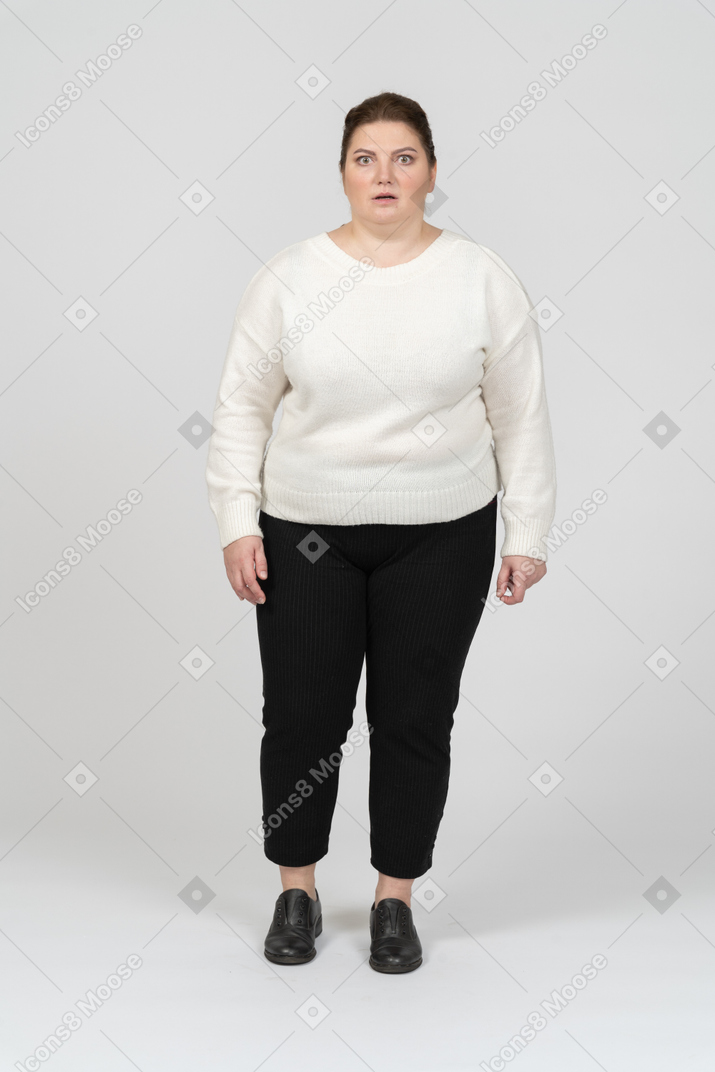 Extremely surprised plump woman in casual clothes