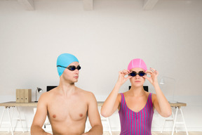 Couple wearing swimming glasses