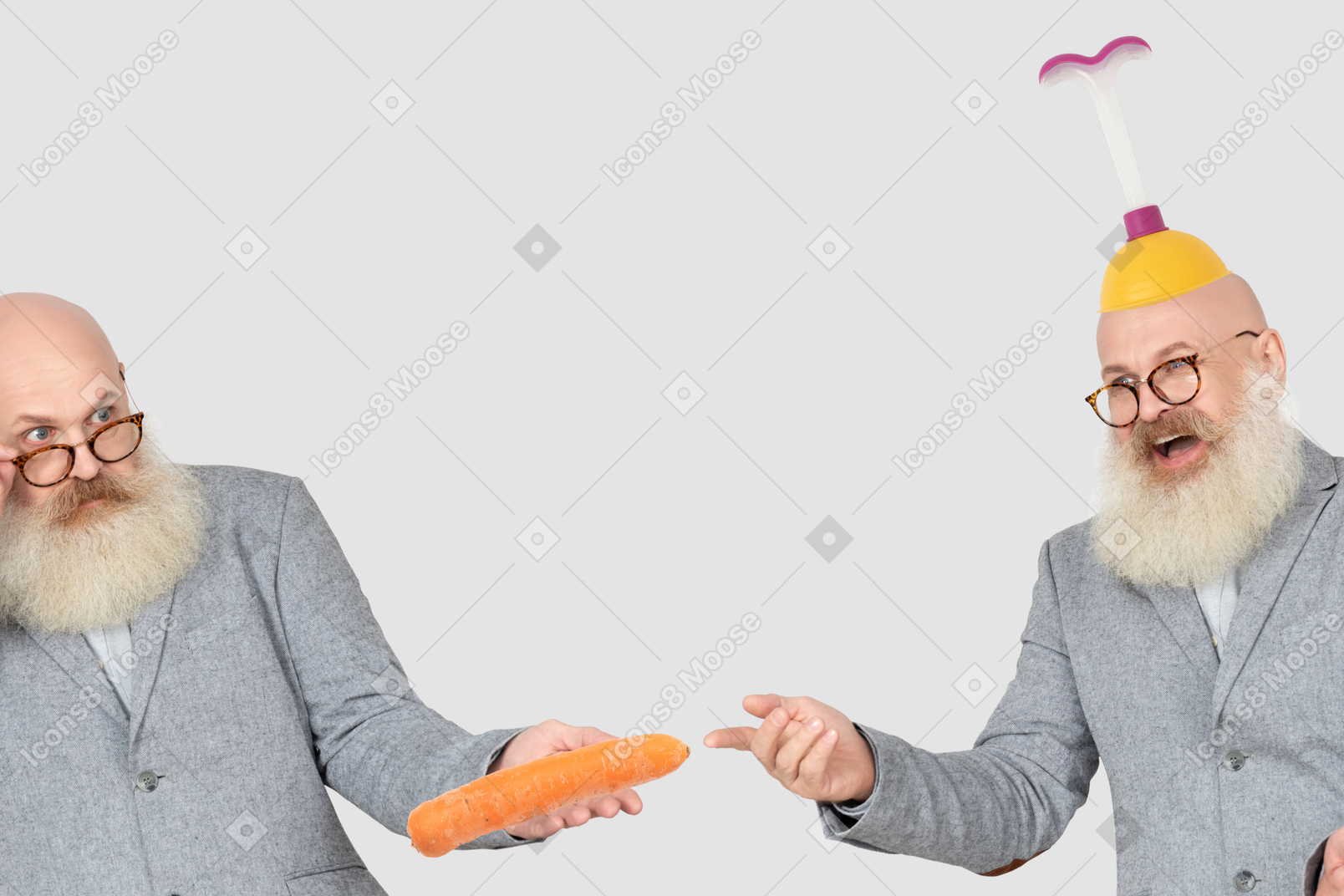 Man giving a carrot to another man with a plunger on his head