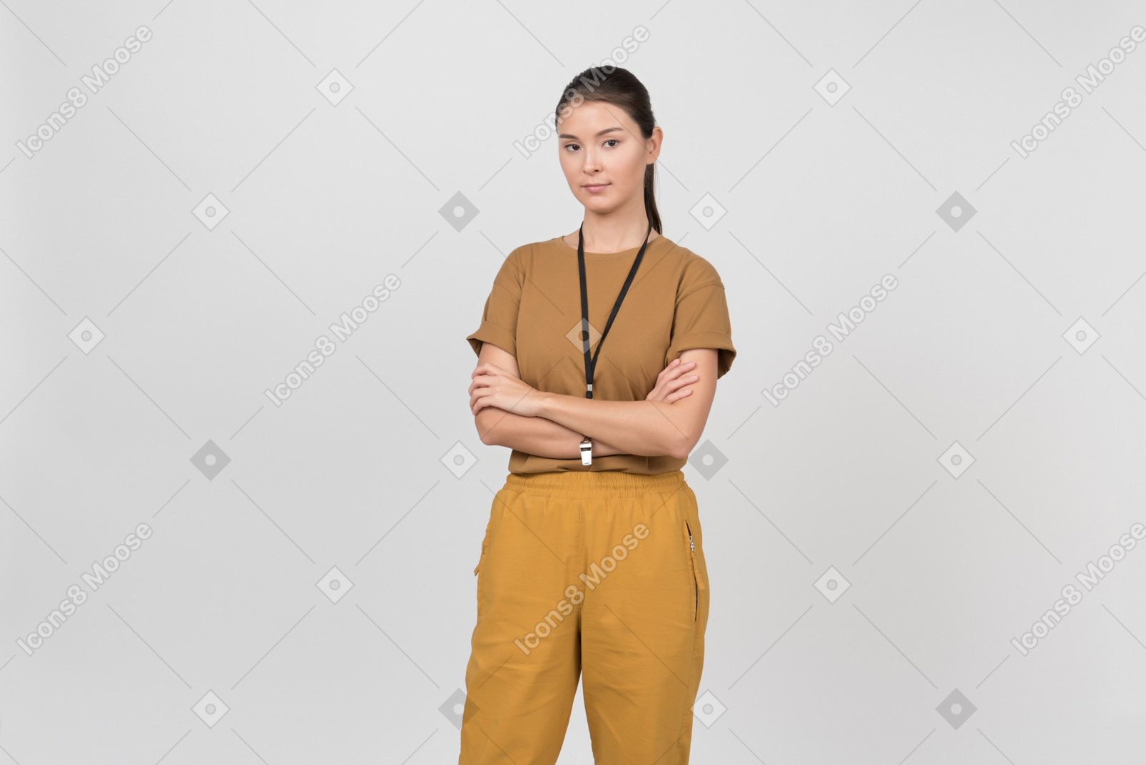 Pe female teacher standing with her hands crossed