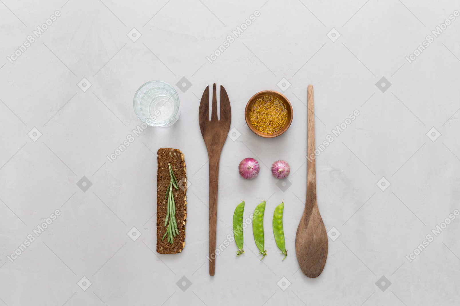 Snack, glass of water, spices and wooden cutlery