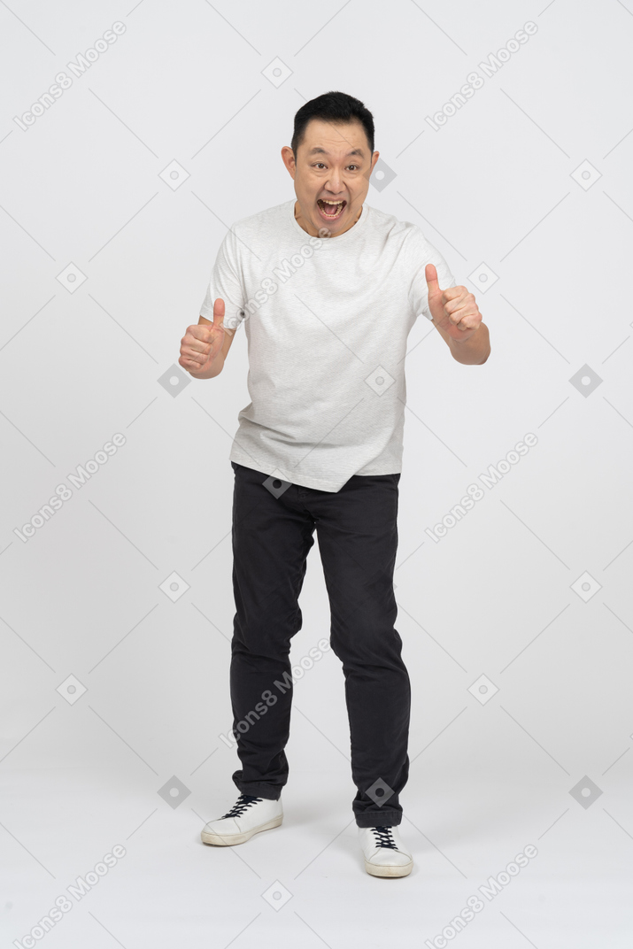 Front view of an emotional man showing thumbs up