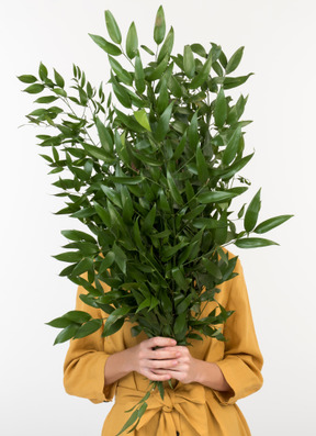 Mujer cubriendo su rostro con ramas verdes