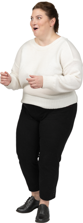Extremely surprised plump woman in white sweater