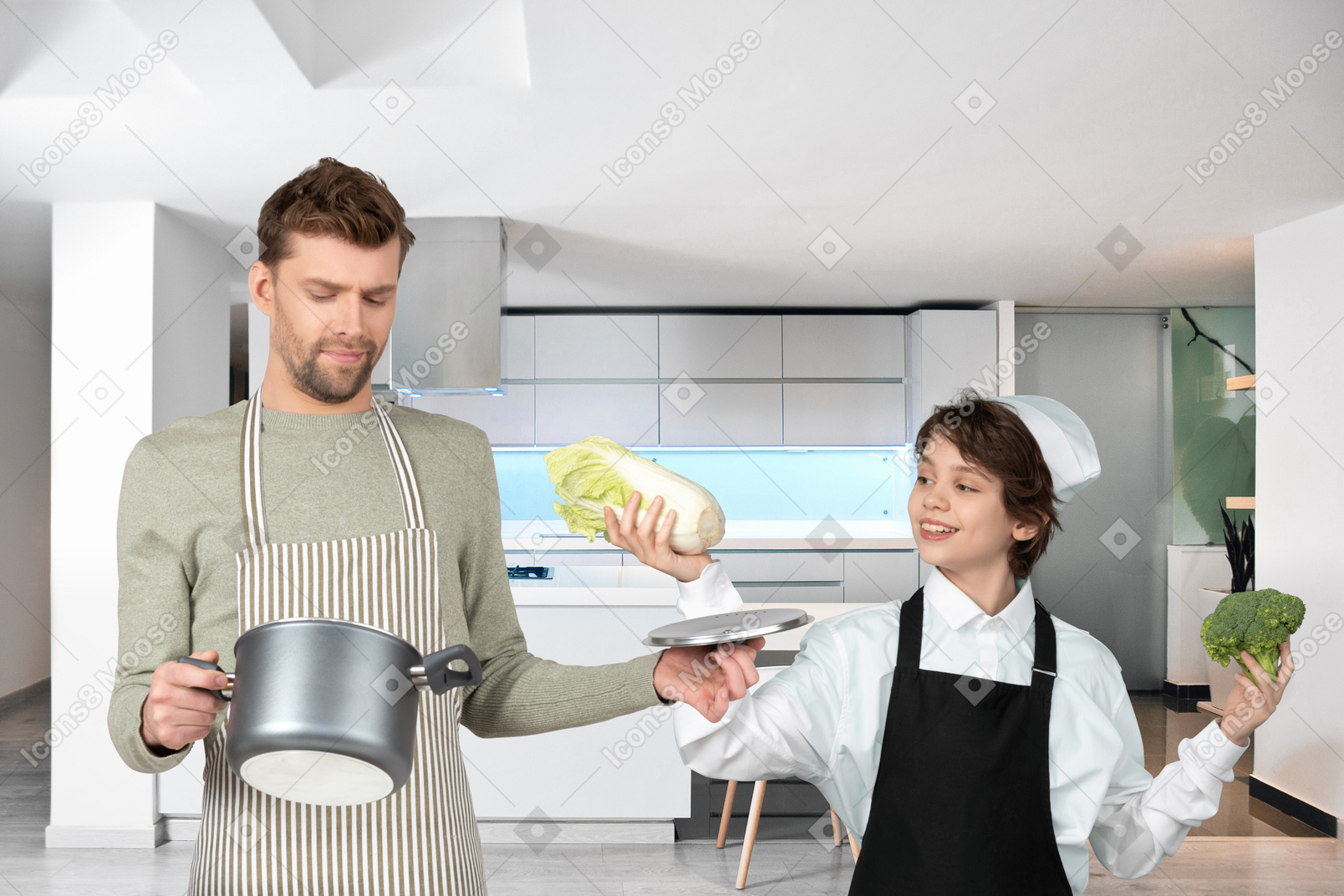 A man and a little boy preparing food in a kitchen