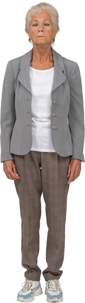 Front view of an old lady in suit making faces