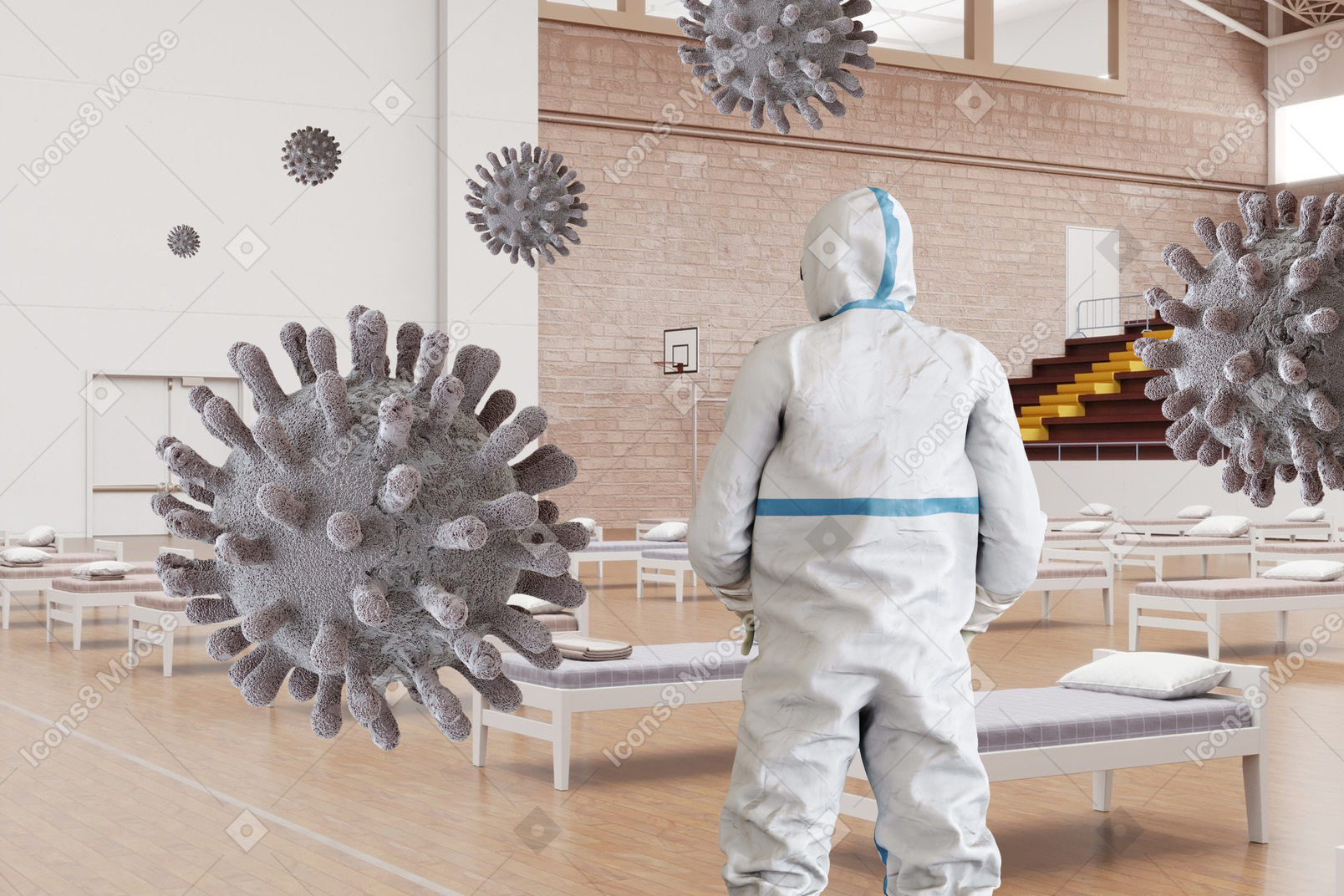 Person in protective gear standing among the viruses