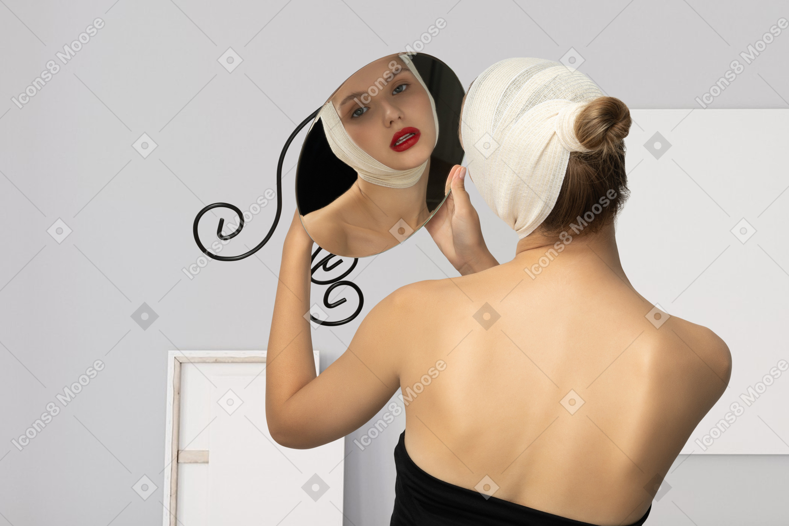 A woman with a bandage on her head is looking at herself in the mirror