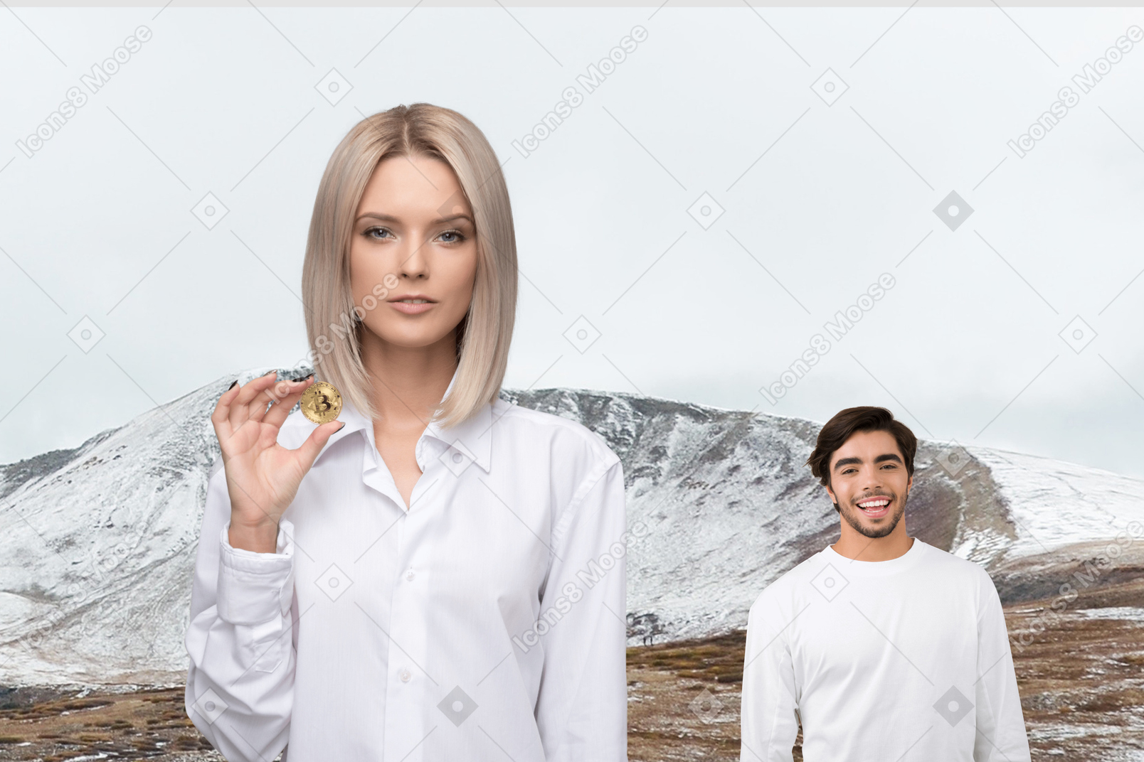 A man standing next to a woman in a white shirt
