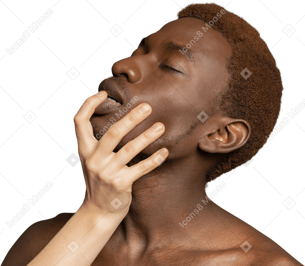 White hand touching the face of black young man
