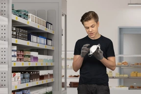A man in a black shirt is looking at face mask