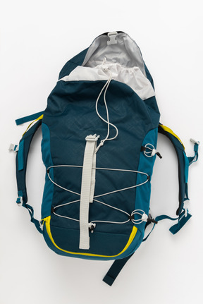 Blue tourist backpack on white background