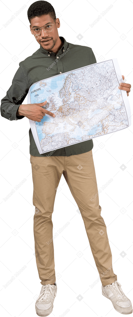 Front view of a man holding and pointing at a map