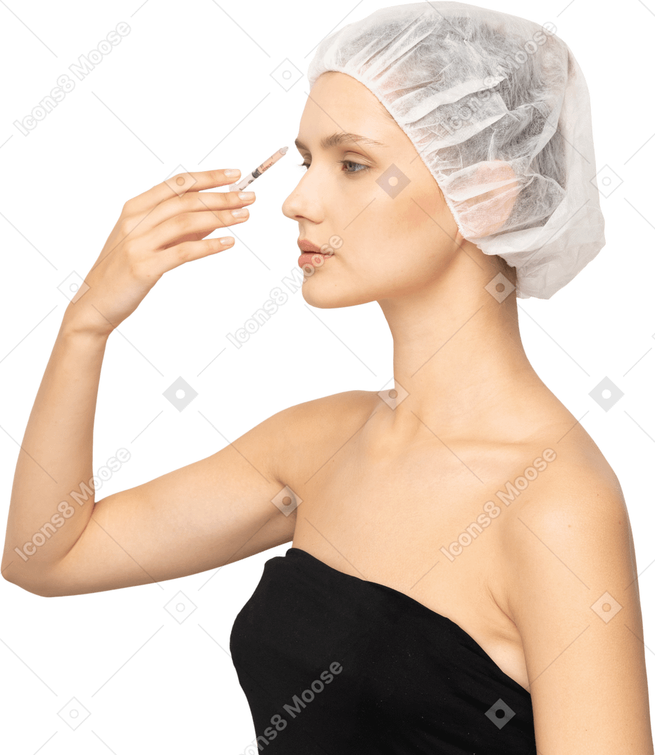 Side view of a woman making injection to her face