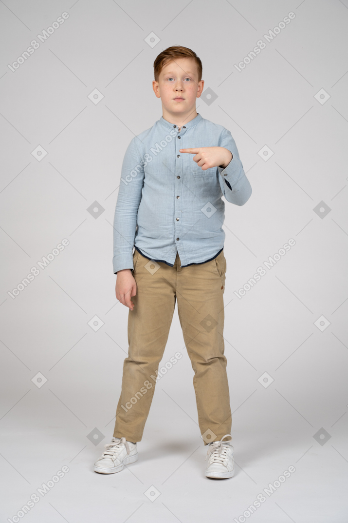 一个男孩用手指指着相机的正面图