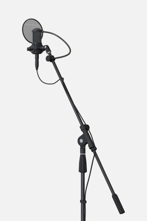 A side shot of a black telescoping microphone stand