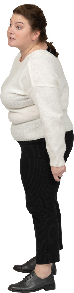 Side view of a plus size woman in casual clothes