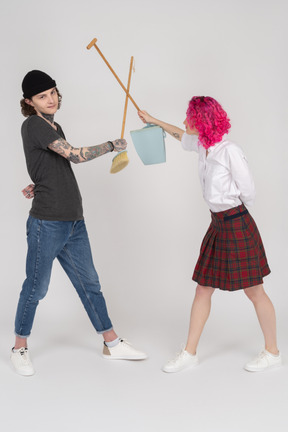Pink-haired teen female is going to with the cleaning battle